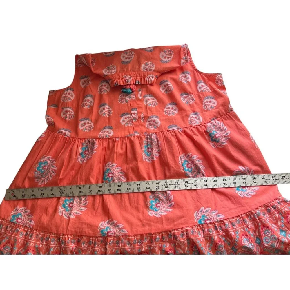 Crown & Ivy Sleeveless Tiered Coral Dress With Tassel Ties L 100% Cotton Made In - Picture 8 of 9